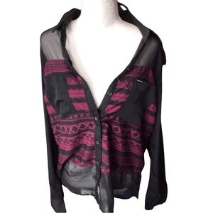 Vintage Hurley Black and Pink Sheer Button Down Shirt